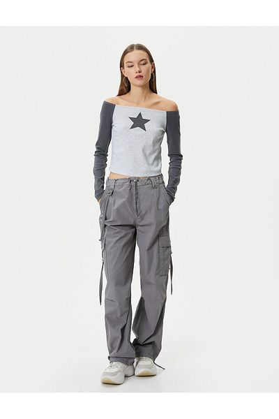 Koton Boat Neck T-Shirt Long Sleeve Color Blocked Star Applique Detailed Slim Fit