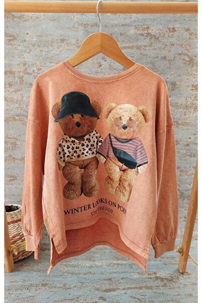 Ayıcık Detaylı, Eskitme,Yırtmaçlı,Kız Çocuk Sweatshirt