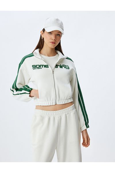 Koton Crop Stand Collar Ribbed Pocket Detailed College Printed Zippered Sweatshirt