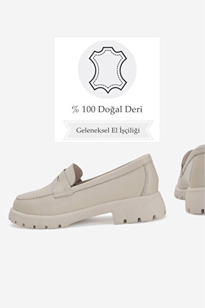 TUNAELLİ KADIN BEJ HAKİKİ DOĞAL DERİ 36-41 NUMARA LOAFER AYAKKABI