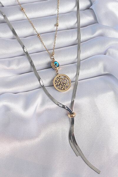 Twin Store 316L Steel Mix Color Sprout Figure Evil Eye Bead Detail Long Women...