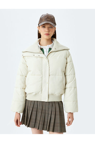 Koton Stand Collar Ribbed Zippered Puffer Jacket with Snap Button Pockets