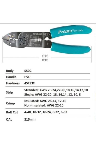 Proskit PROSKİT CP-413G Çok İşlevli Kablo Soyucu, Kesici, Terminal Sıkma Pensesi (8,5'');Proskit