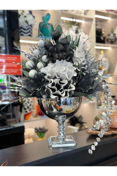 TASARIMHMODA Yapay Çiçekli Gümüş Kare Ayaklı Vazo No:8