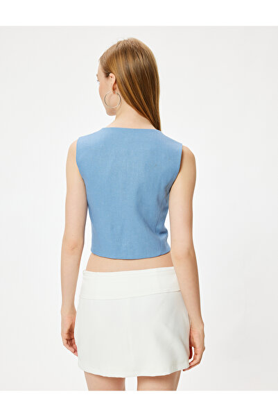 Koton Keten Karışımlı Yelek Kolsuz Fleto Cepli Düğmeli V Yaka Slim Fit