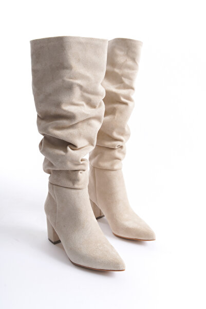 Shoesers Kadın Körüklü Tasarım Kalın Topuklu Sivri Burunlu Bej Süet Çizme (Bir Beden Büyük Alınız)