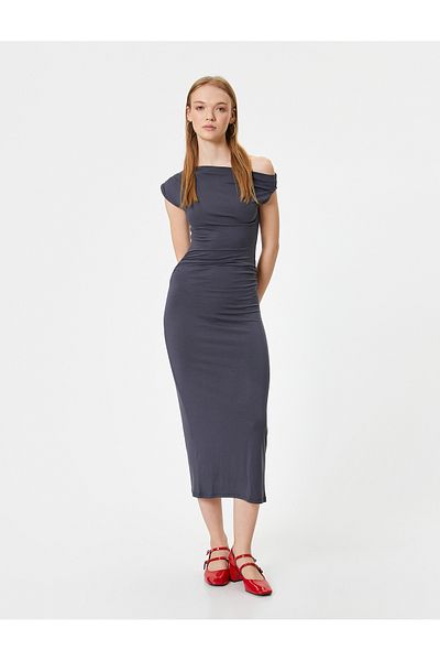 Koton Asymmetrical Collar Midi Slip Dress - Sleeveless and Draped Slim Fit