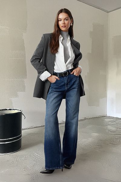 Trendyol Collection Magas derekú sötétkék széles lábú farmernadrág - TWOAW25JE00079