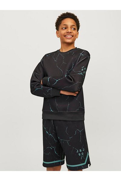 Jack & Jones Jjkey Spory Black Sweatshirt - Aop Loose Fit Ln Jnr 12269412