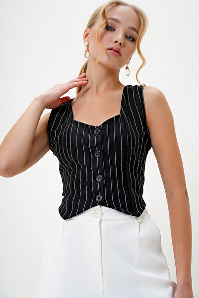 Trend Alaçatı Stili Women's Black Heart Collar Buttoned Striped Vest ALC-X10151