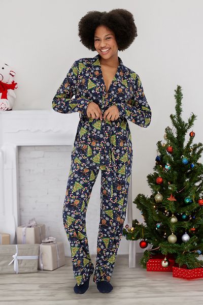 Trendyol Collection Navy Blue Belted 100% Cotton New Year's Themed Shirt-Pants Knitted Pajamas Set Thmaw23Pt00320