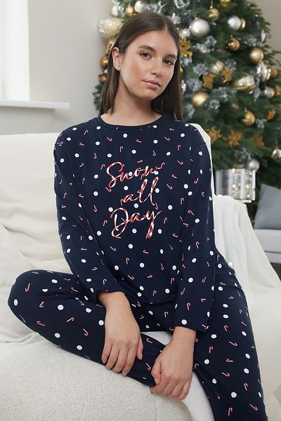 Trendyol Collection Sada pleteného pyžama v námořnické modré barvě na Nový rok – 100% bavlna Thmaw25Pt00173