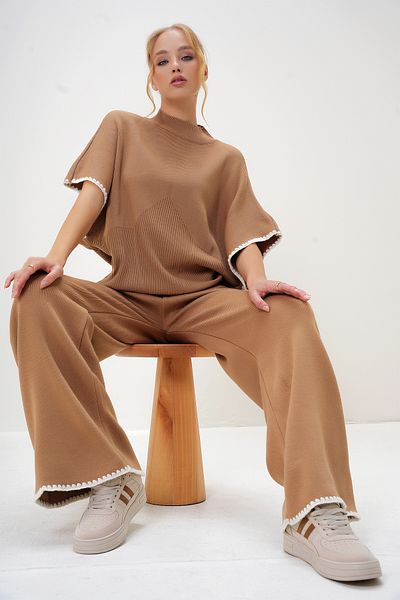 Trend Alaçatı Stili Half Turtleneck Short Sleeve Blouse and Palazzo Pants Set - Alc-X13028