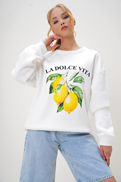 Trend Alaçatı Stili Bílá dámská mikina s potiskem Crew Neck – Alc-X13115