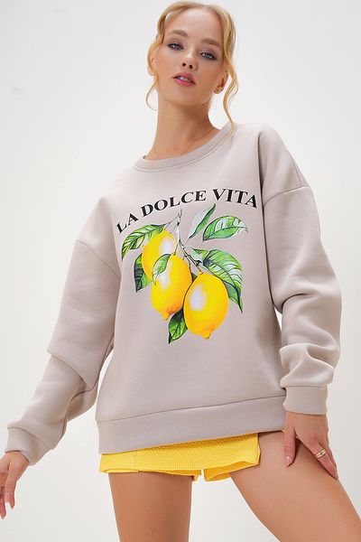 Trend Alaçatı Stili Beige Crew Neck Printed Women's Sweatshirt - Alc-X13115