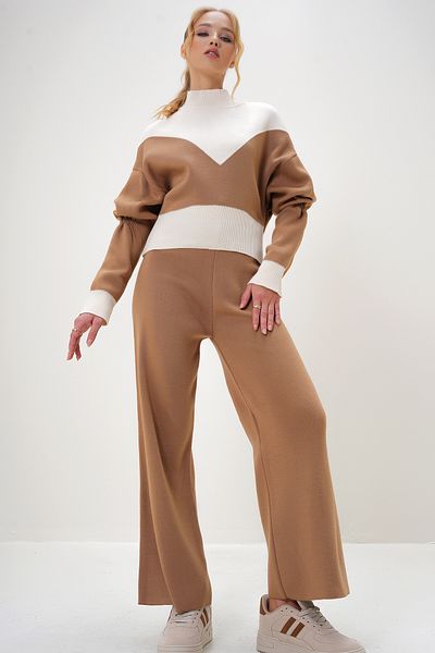 Trend Alaçatı Stili Set pulover și pantaloni Palazzo pentru femei pe jumătate cu gât țesut - Colorblock ALC-X13011