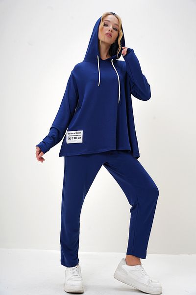 Trend Alaçatı Stili Women's Saxe Crest Detailed Hooded Two Thread Tracksuit Set Alc-X13018
