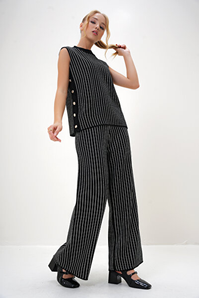 Trend Alaçatı Stili Schwarzes Damen-Blusen- und Palazzo-Hosen-Set – halber Rollkragenpullover, seitlich geknöpftes Detail ALC-X13010