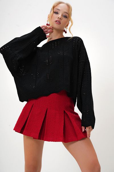 Trend Alaçatı Stili Women's Black Crew Neck Verek Patterned Crop Knitwear Sweater Alc-X13133