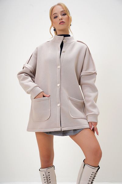 Trend Alaçatı Stili Beige Women's Knitted Jacket - Stand Collar, Gold Button Detail, Bag Pocket, Ribbon Alc-X13110