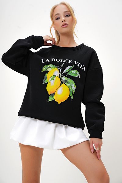 Trend Alaçatı Stili Black Crew Neck Printed Sweatshirt - Alc-X13115
