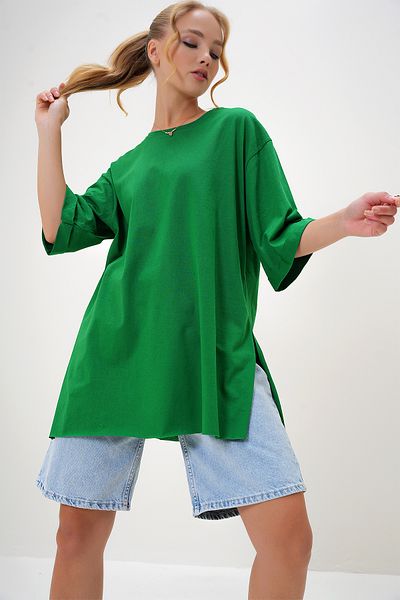 Trend Alaçatı Stili Tricou supradimensionat din bumbac cu mâneci duble, verde închis - decolteu ALC-X8088