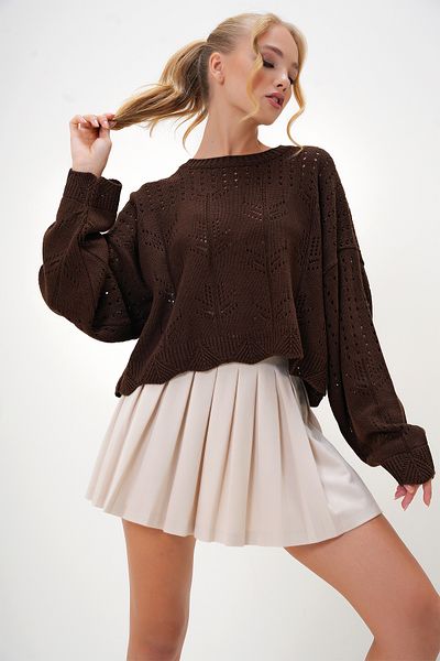 Trend Alaçatı Stili Women's Brown Crew Neck Verek Patterned Crop Knitwear Sweater Alc-X13133