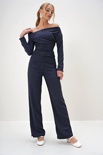Trend Alaçatı Stili Indigó csónaknyakú, húzózsinóros blúz és széles szárú nadrág szett - ALC-X13014