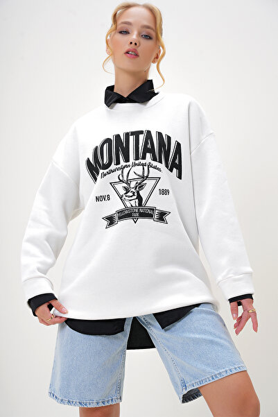 Trend Alaçatı Stili Women's Ecru Crew Neck Text Printed Three Thread Fleece Inside College Sweatshirt Alc-X7442