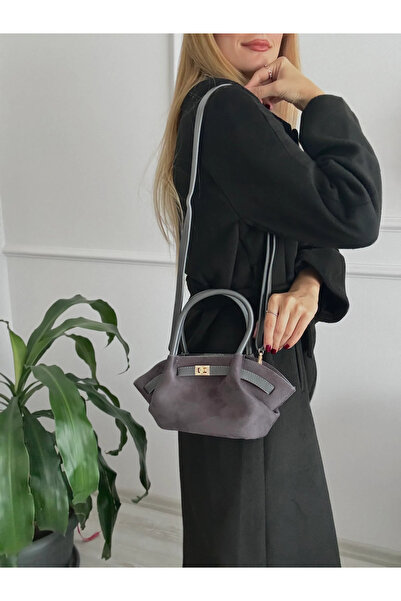 mèche atelier since 2024 Mely Belt Detailed Suede Gray Women's Hand and Shoulder Bag