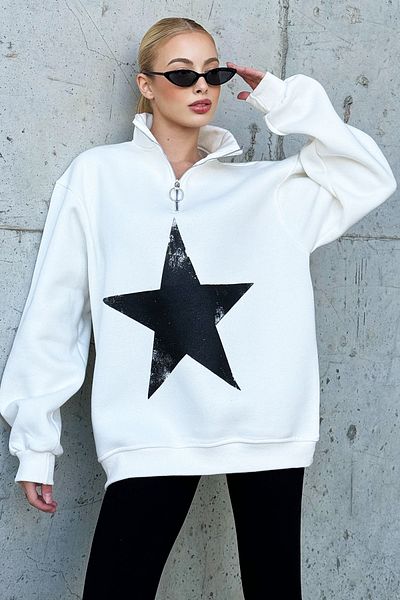 Trend Alaçatı Stili Ecrufarbenes Damen-Sweatshirt mit Stehkragen und halbem Reißverschluss und Sternmuster ALC-X12960