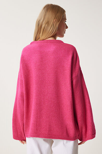 Happiness İstanbul Pulover de damă cu fundă roz închis, tricotaj supradimensionat, KB00042