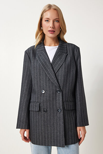Happiness İstanbul Women's Anthracite Double Breasted Collar Striped Woven Jacket Fn03385