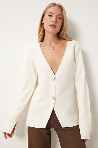 Happiness İstanbul Women's Ecru V-Neck Stylish Buttoned Knitwear Cardigan Mt00155