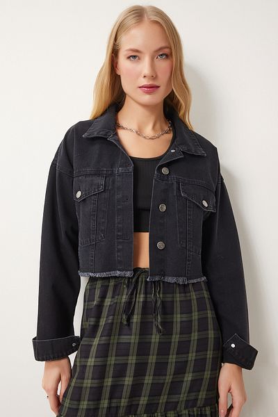 Happiness İstanbul Jachetă crop din denim cu ciucuri negru pentru femei AN00214