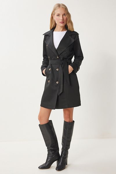 Happiness İstanbul Women's Black Double-Breasted Collar Belted Seasonal Trench Coat Dd01345