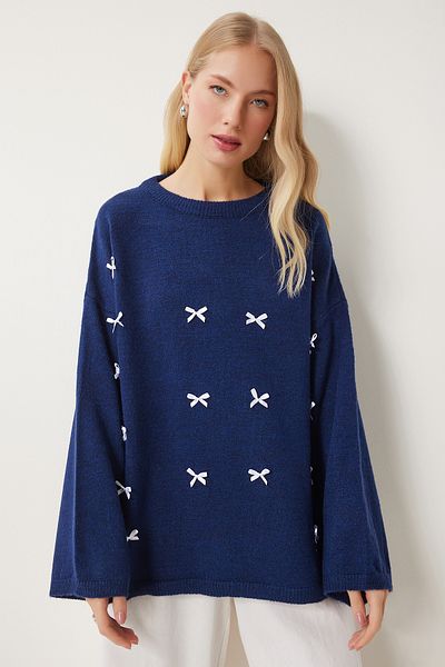 Happiness İstanbul Women's Navy Blue Bow Detailed Oversize Knitwear Sweater Kb00042