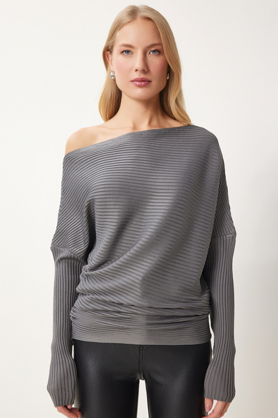 Happiness İstanbul Women's Anthracite Asymmetric Collar Ribbed Sweater Fn03383