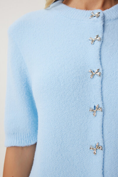 Happiness İstanbul Kadın Gök Mavi Şık Fiyonk Düğmeli Sakallı Triko Hırka DP00219