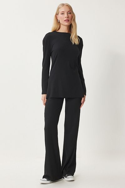 Happiness İstanbul Black Women's Knitted Blouse and Trousers Set - Comfortable Corduroy Ow00054