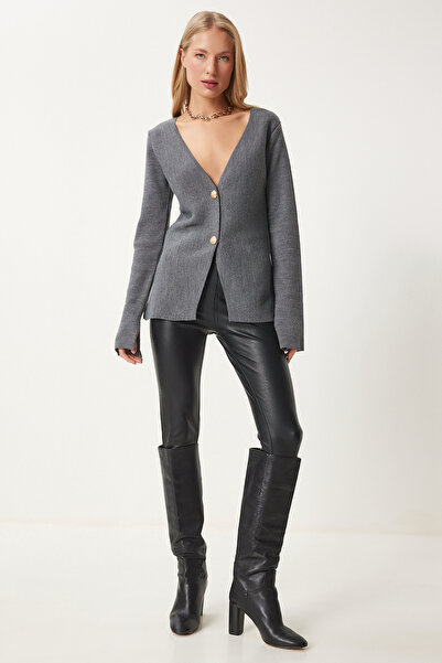 Happiness İstanbul Damen-Strickjacke in Anthrazit mit V-Ausschnitt, stilvoll, geknöpft, MT00155