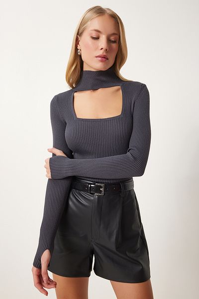Happiness İstanbul Women's Anthracite Cut Out Detailed Stand Collar Ribbed Knitwear Sweater Fn03165