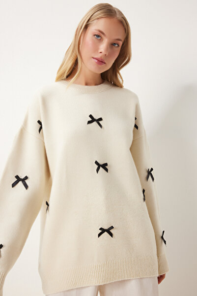 Happiness İstanbul Women's Ecru Bow Knitwear Sweater Sv00013