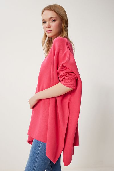 Happiness İstanbul Übergroßer Poncho-Pullover mit Seitenschlitz für Damen in Dunkelrosa YY00005