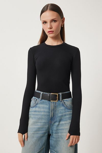 Happiness İstanbul Dámská černá pletená halenka Crew Neck Basic Cr00439