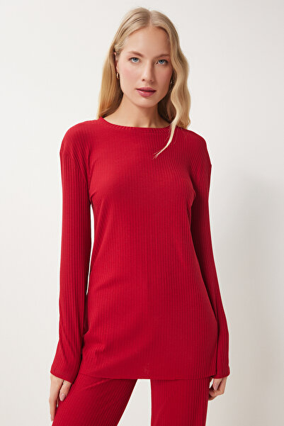 Happiness İstanbul Women's Red Knitted Blouse and Trousers Set - Comfortable Corduroy Ow00054