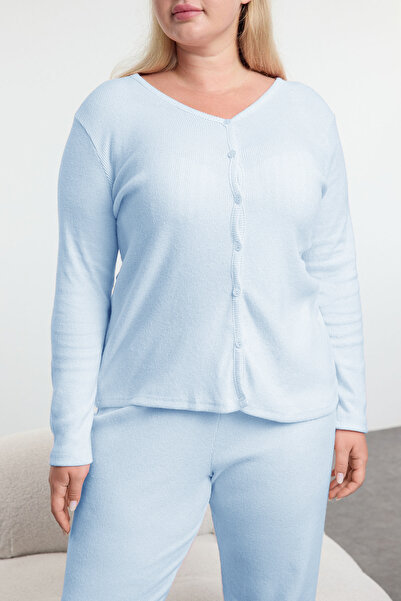 Trendyol Curve Baby Blue Knitted Pajama Set with Soft Corded Cardigan - Tbbaw25Ai00089