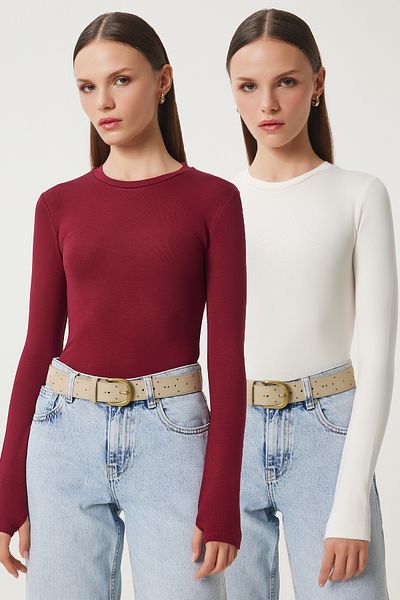 Happiness İstanbul Ecru Burgundy 2-Pack - Crew Neck Finger Snap Dámská pletená halenka Cr00440