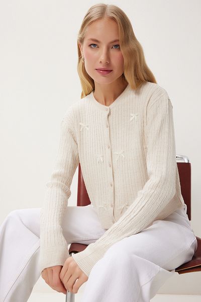 Happiness İstanbul Women's Cream Bow Knitted Knitwear Cardigan Pf00102