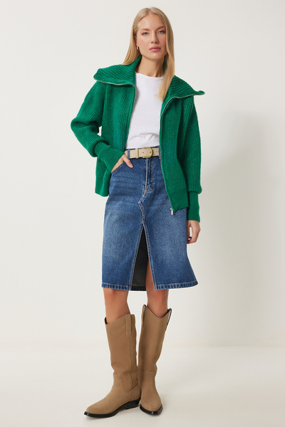 Happiness İstanbul Női zöld cipzáras galléros kötöttáru kardigán MX00173
